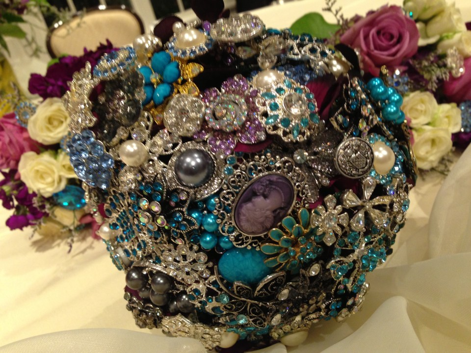 The bride's bouquet, made with costume jewelry by the groom